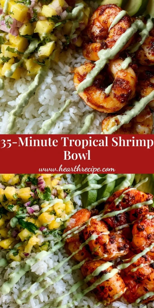 Shrimp Pineapple Rice Bowl with Chili-Seared Shrimp and Avocado Crema 4 A top-down view of a Shrimp Pineapple Rice Bowl featuring golden-orange chili shrimp, fresh pineapple salsa, and avocado slices with a crema drizzle.