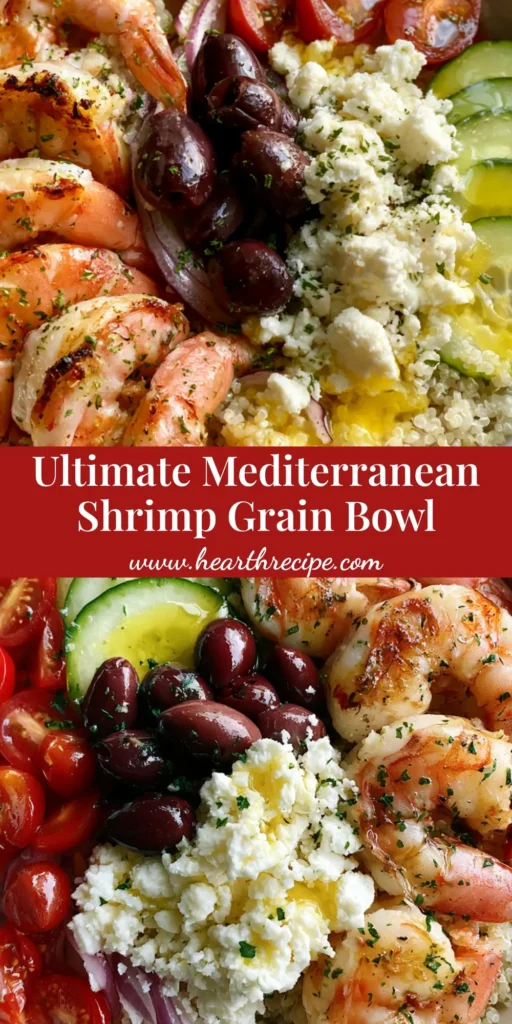 A bright white bowl containing a Mediterranean Shrimp Bowl with seared pink shrimp, white quinoa, red cherry tomatoes, and feta cheese.