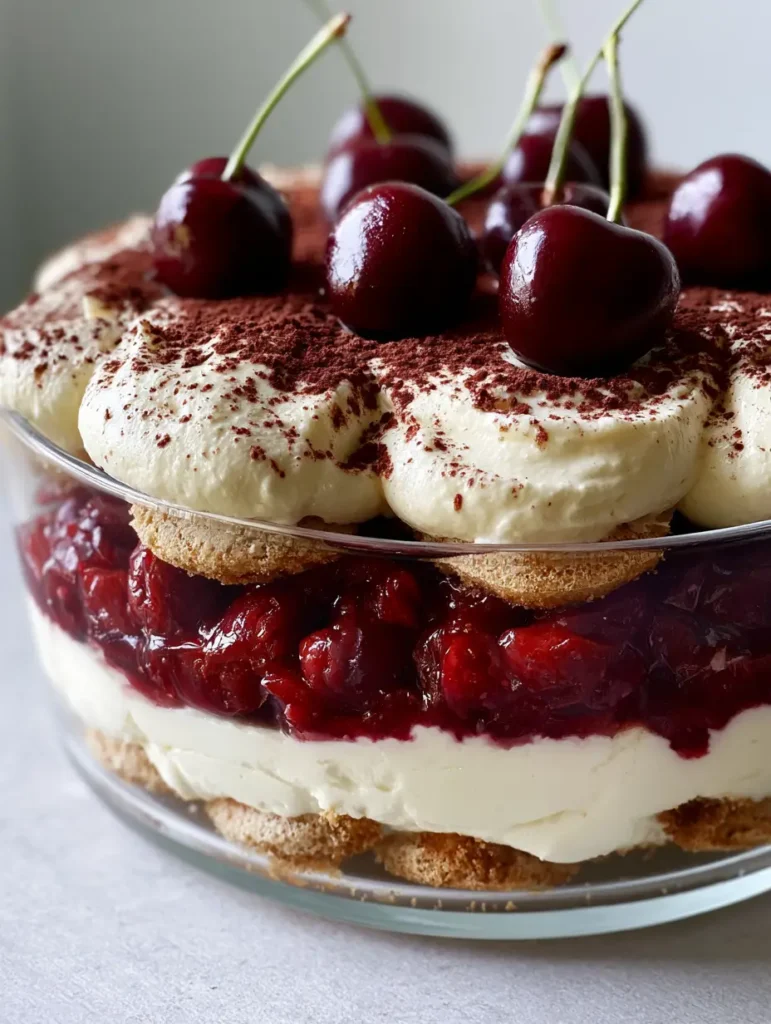 A close-up side view of a clear glass serving dish containing Cherry Amaretto Tiramisu showing deep red cherry compote and velvety cream.