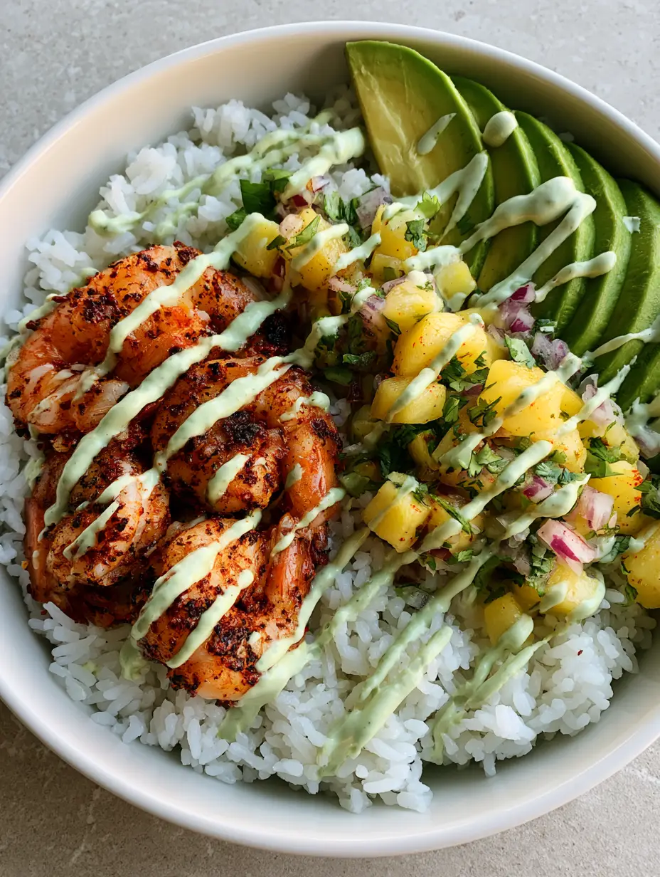 Shrimp Pineapple Rice Bowl with Chili-Seared Shrimp and Avocado Crema 3 A shallow white ceramic bowl containing steamed jasmine rice, seared seasoned shrimp, and fresh pineapple salsa. (Shrimp Pineapple Rice Bowl)