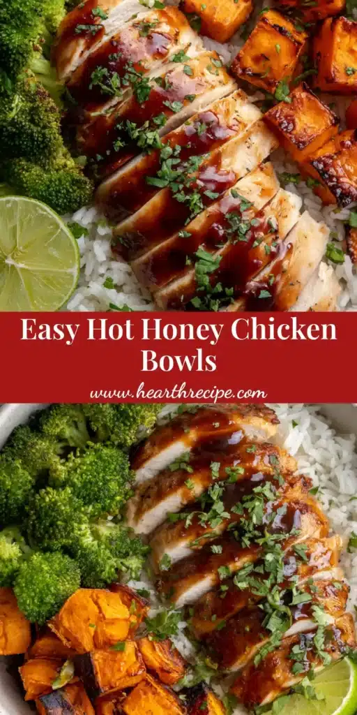 A top-down view of Hot Honey Chicken Bowls featuring mahogany glazed chicken, charred sweet potatoes, and broccoli over rice.