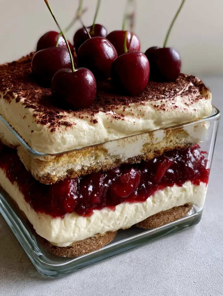 Detailed view of the piped mascarpone cream and dark cocoa powder dusting on a Cherry Amaretto Tiramisu.