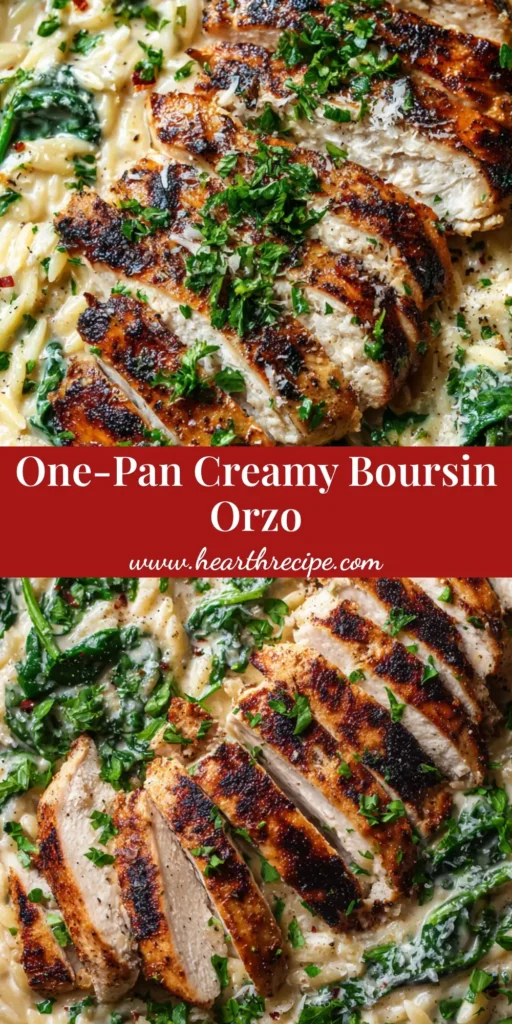 Boursin Orzo with Chicken: The Ultimate One-Pan Creamy Dinner 4 A top-down view of creamy Boursin Orzo with Chicken in a cast iron skillet, garnished with red pepper flakes and parsley.