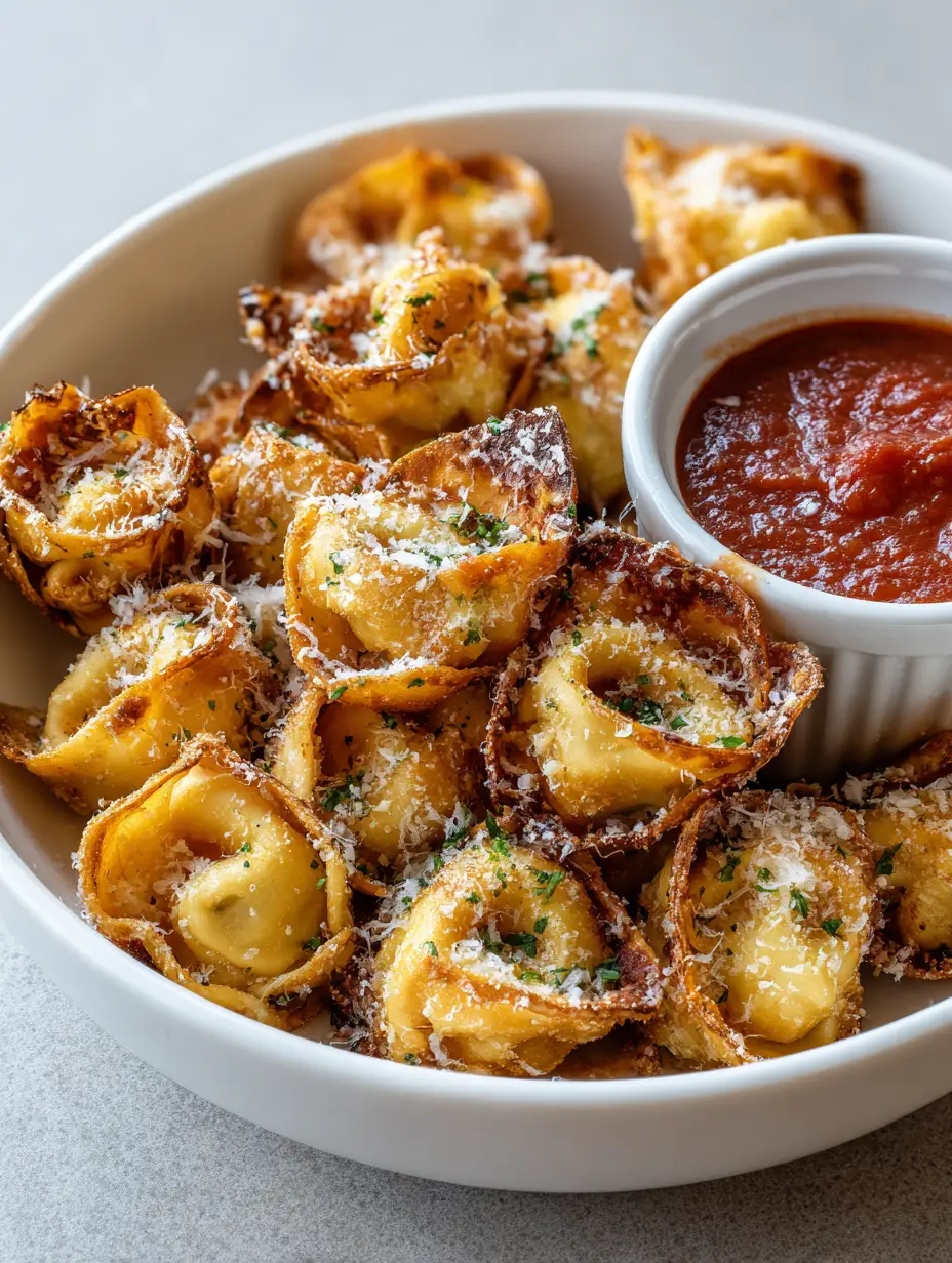 A shallow white bowl filled with crispy golden-brown Air Fryer Cheese Tortellini showing charred edges and parmesan dusting.