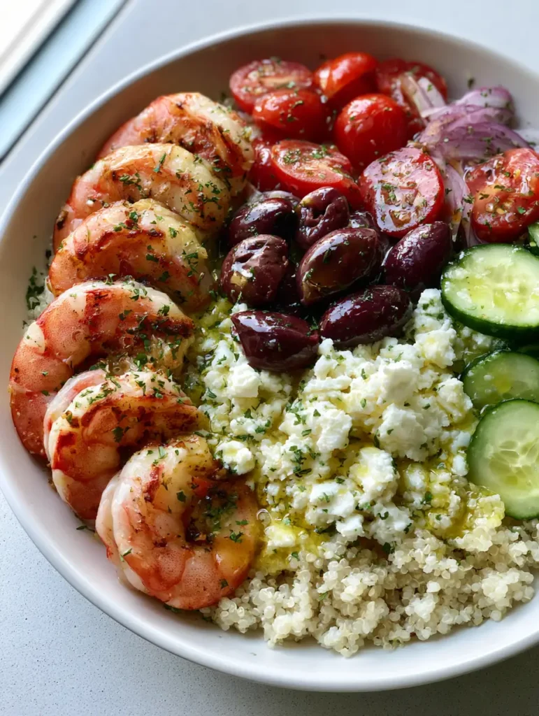 A high-angle photo of a Mediterranean Shrimp Bowl with vibrant vegetables and translucent yellow lemon dressing.