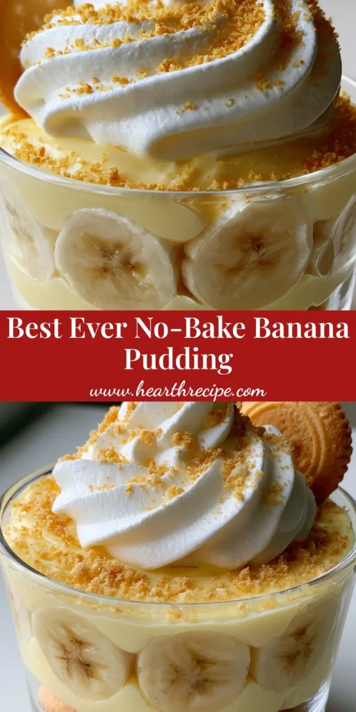A towering clear glass dish of No Bake Banana Pudding featuring visible banana slices and a voluminous whipped cream top.