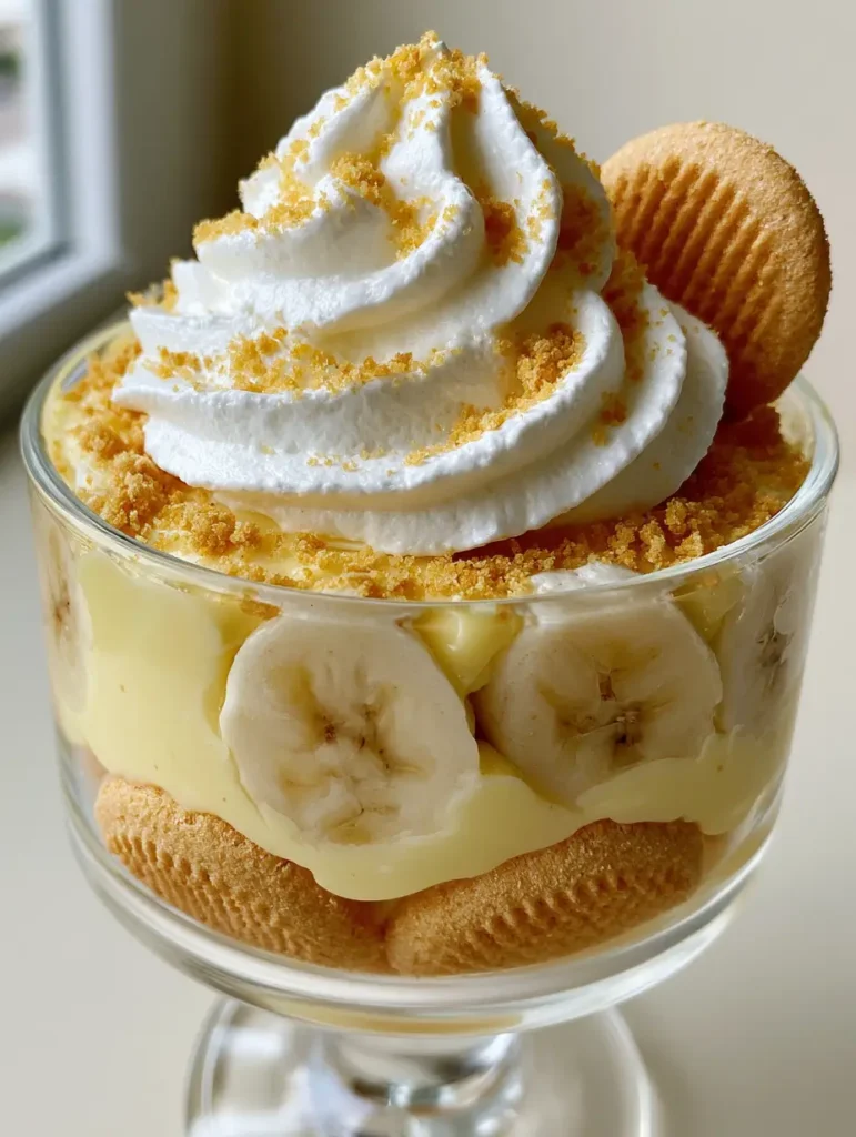 Close up shot of No Bake Banana Pudding layers showing pale yellow custard and pressed banana slices against glass.