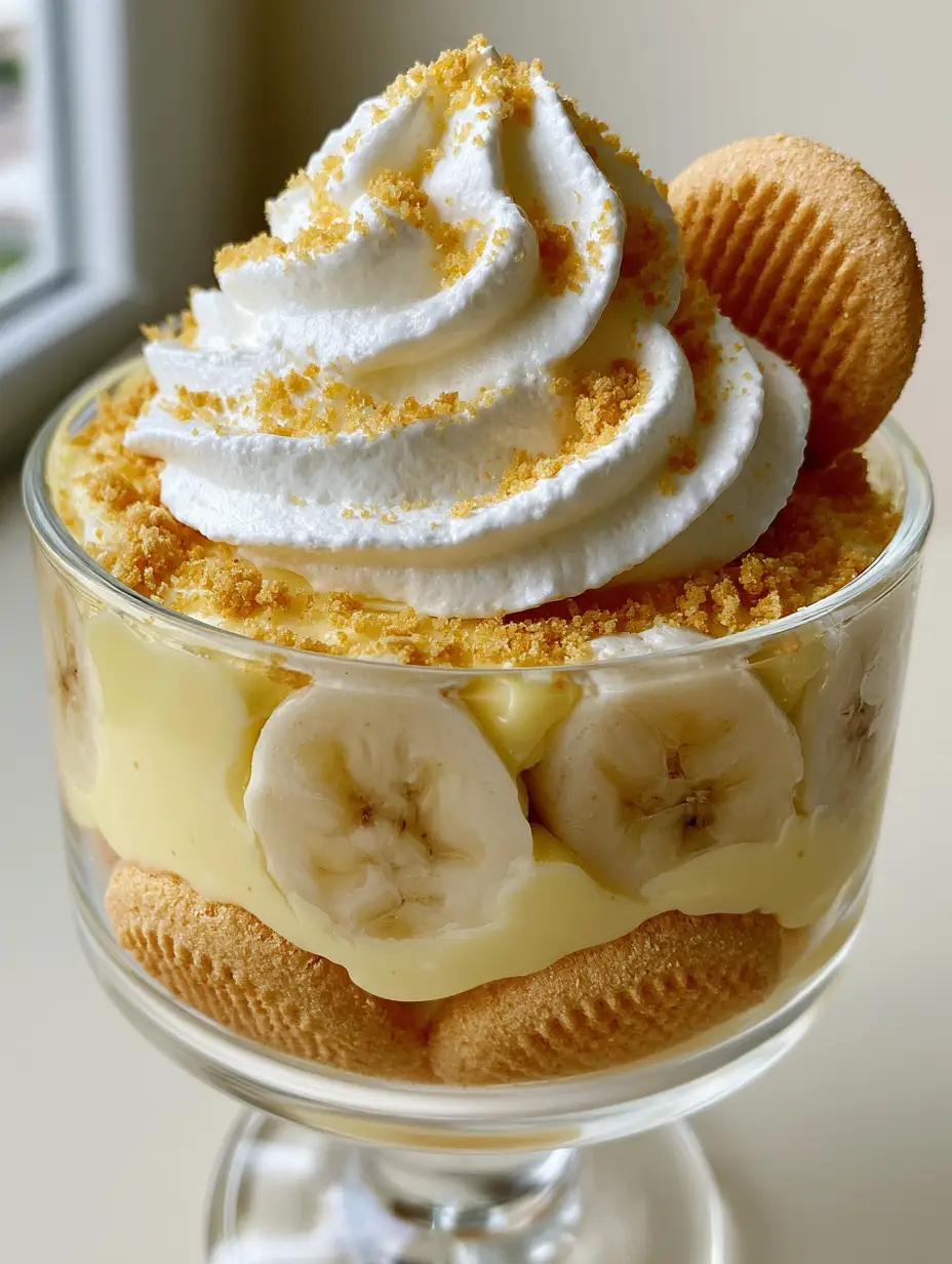 Close up shot of No Bake Banana Pudding layers showing pale yellow custard and pressed banana slices against glass.