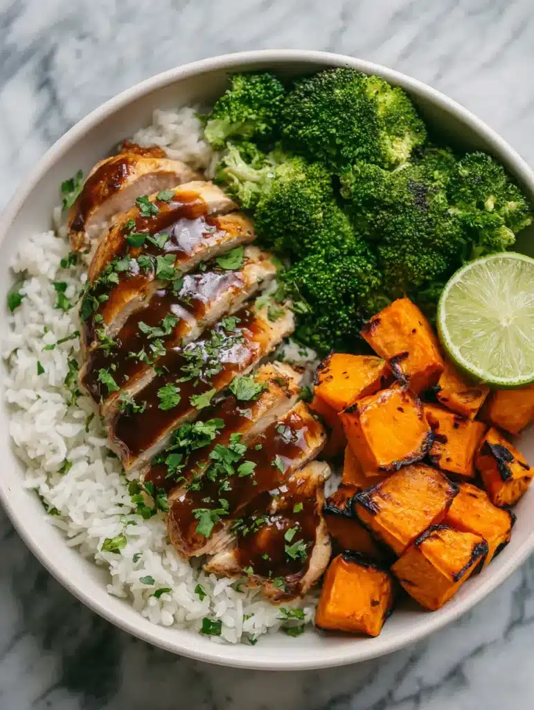 A top-down smartphone photo of a Hot Honey Chicken Bowl with glossy chicken, cilantro, and roasted sweet potatoes on marble background.