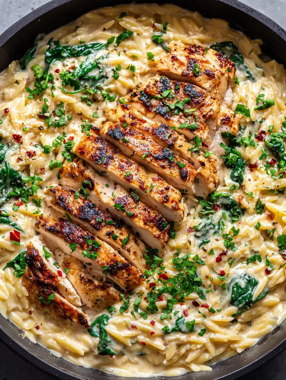 Boursin Orzo with Chicken: The Ultimate One-Pan Creamy Dinner 3 Close-up of seared chicken breast slices on a bed of creamy Boursin orzo with visible spinach and pepper. (Boursin Orzo with Chicken)