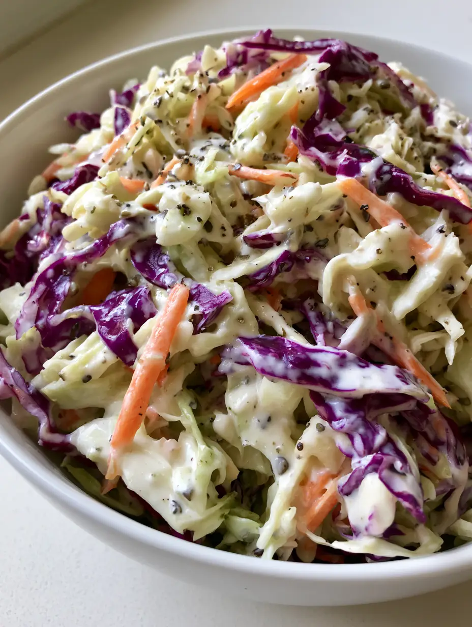 Close-up of shredded green and purple cabbage in a Homemade Coleslaw Recipe with glossy dressing.