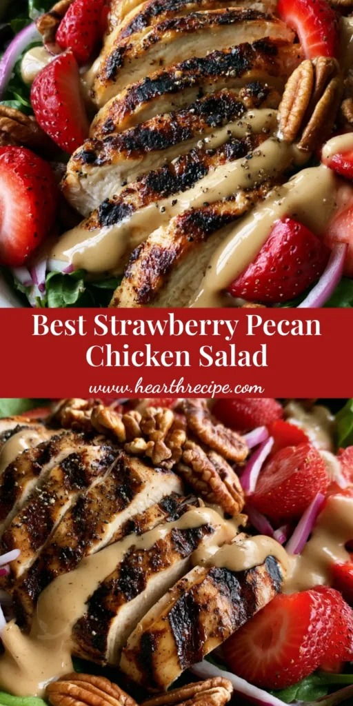 A high-angle shot of a Strawberry Pecan Grilled Chicken Salad in a white bowl with charred chicken, strawberries, and creamy pecan dressing.