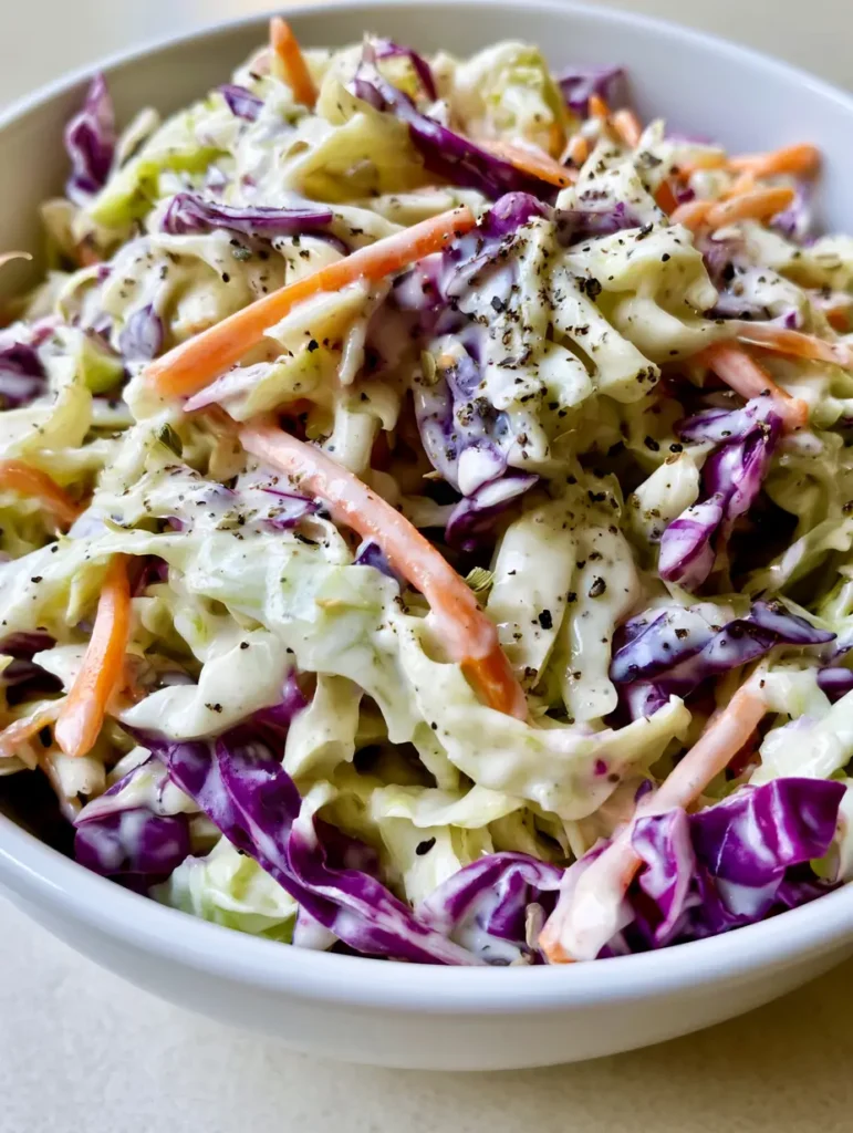 Shredded cabbage and matchstick carrots mixed with celery seeds and pepper for a Homemade Coleslaw Recipe.