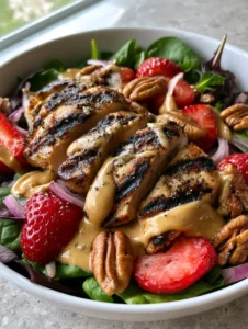 Close-up of a Strawberry Pecan Grilled Chicken Salad showing dark brown char marks on chicken and juicy strawberry halves.