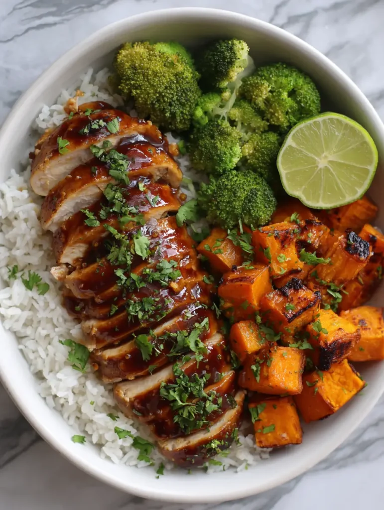 Close up of Hot Honey Chicken Bowls showing the texture of charred sweet potatoes and vibrant green steamed broccoli.