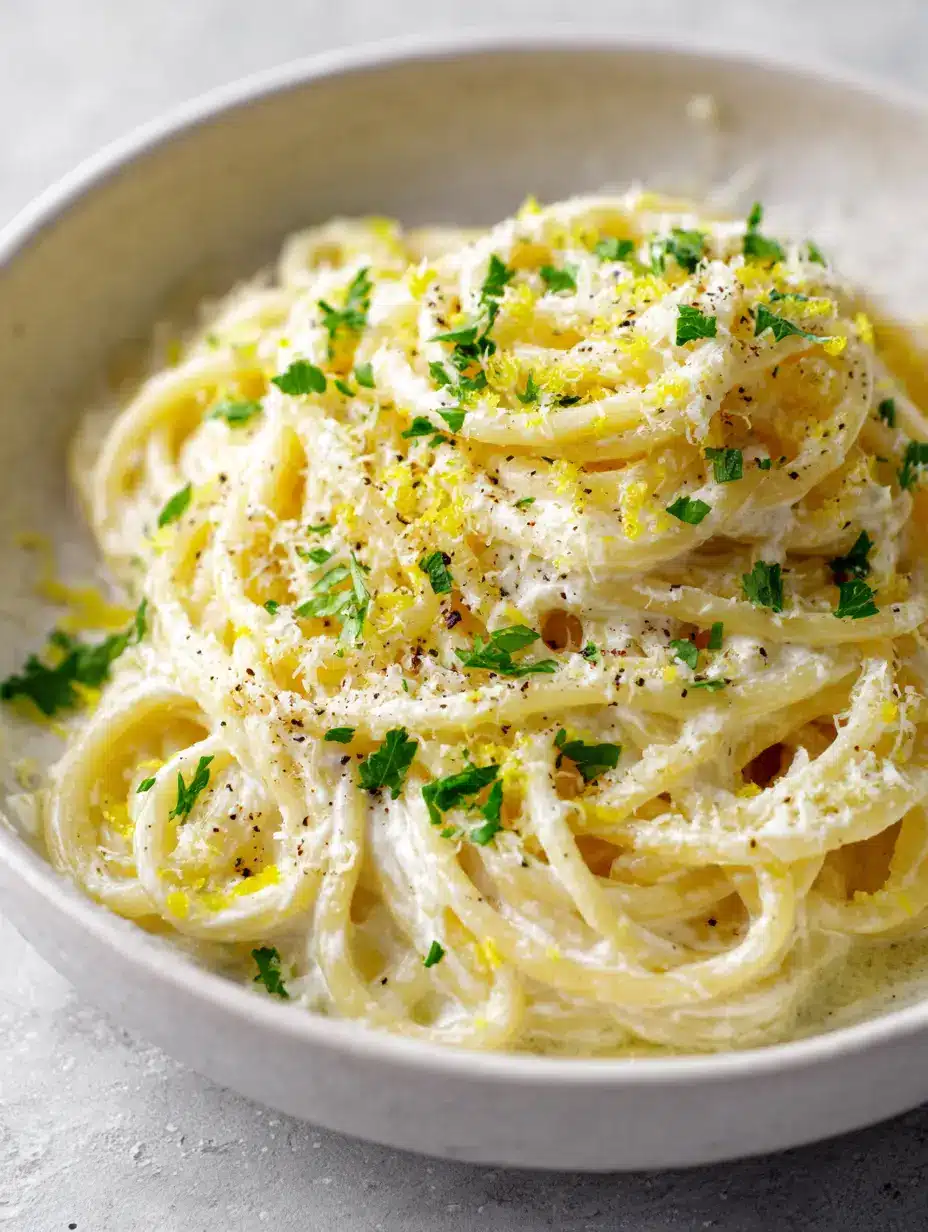 Close-up of spaghetti strands thoroughly coated in a thick, creamy white ricotta sauce with visible lemon zest. (Lemon Ricotta Spaghetti)