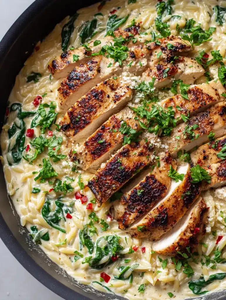 Boursin Orzo with Chicken: The Ultimate One-Pan Creamy Dinner 1 A skillet of Boursin Orzo with Chicken featuring wilted spinach and a garnish of fresh parsley.