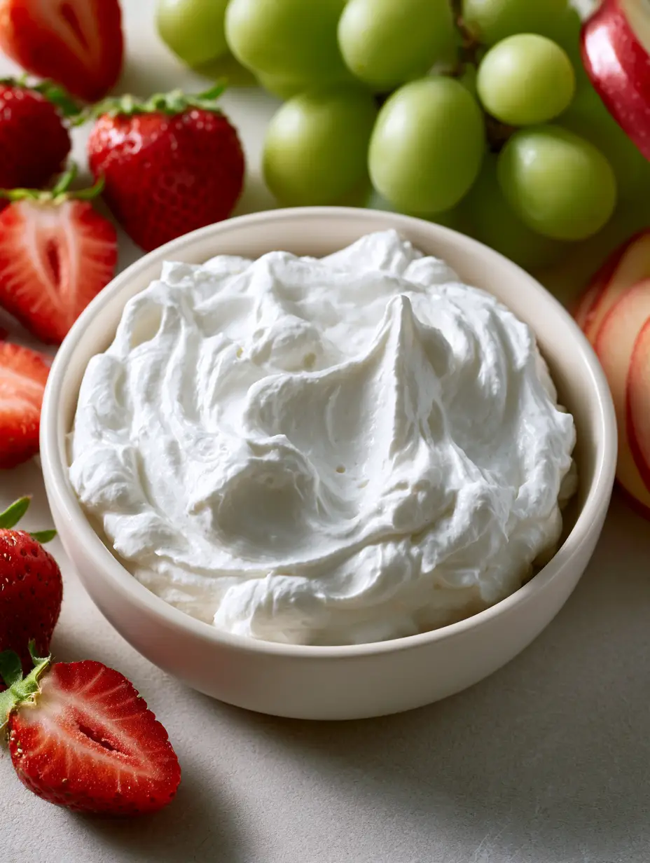 Close-up of thick, fluffy white Marshmallow Cream Cheese Fruit Dip showing soft rounded peaks in a ceramic bowl.