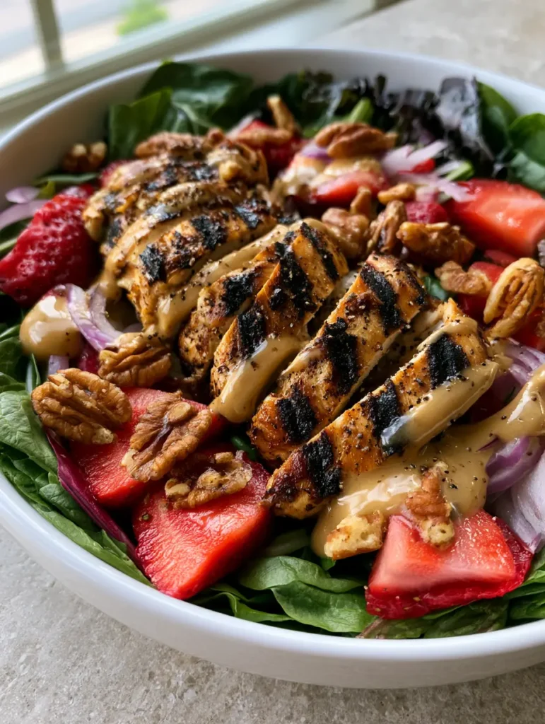 A shallow white bowl containing a Strawberry Pecan Grilled Chicken Salad with a creamy tan pecan butter vinaigrette drizzle.