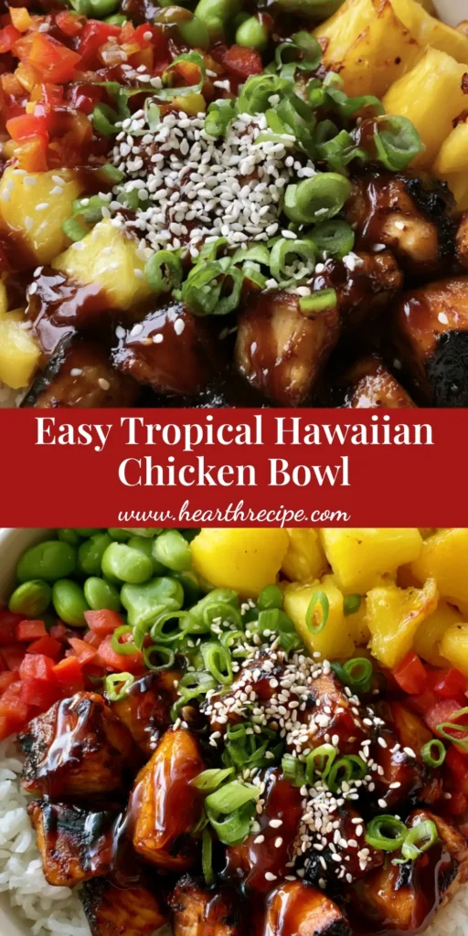 Hawaiian Chicken Bowl with Grilled Teriyaki Glaze and Fresh Pineapple 3 A round white ceramic bowl containing a Hawaiian Chicken Bowl with charred teriyaki chicken, pineapple, and edamame. (Hawaiian Chicken Bowl)