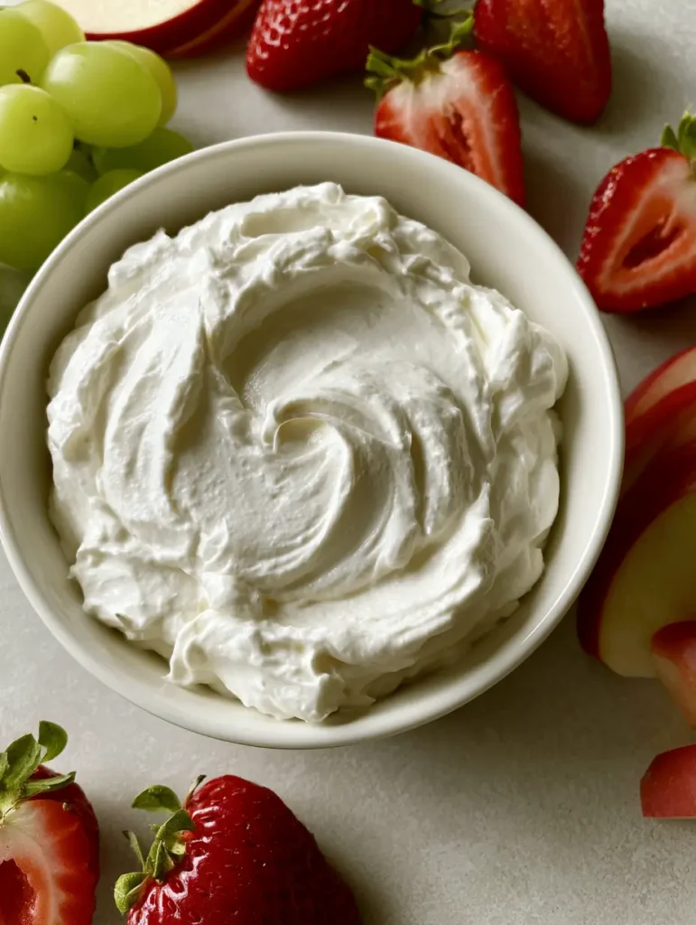 Smartphone style photo of Marshmallow Cream Cheese Fruit Dip with vibrant strawberry halves, Gala apples, and green grapes.