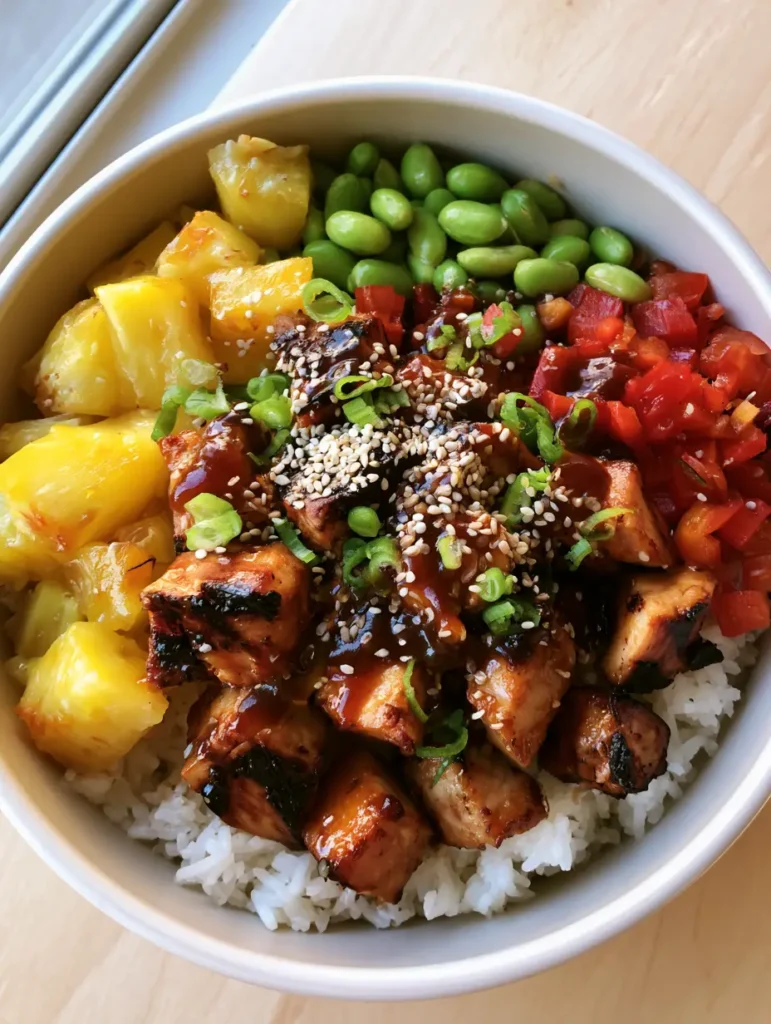 Hawaiian Chicken Bowl with Grilled Teriyaki Glaze and Fresh Pineapple 1 Close up of charred chicken breast cubes with glossy amber teriyaki sauce in a Hawaiian Chicken Bowl.