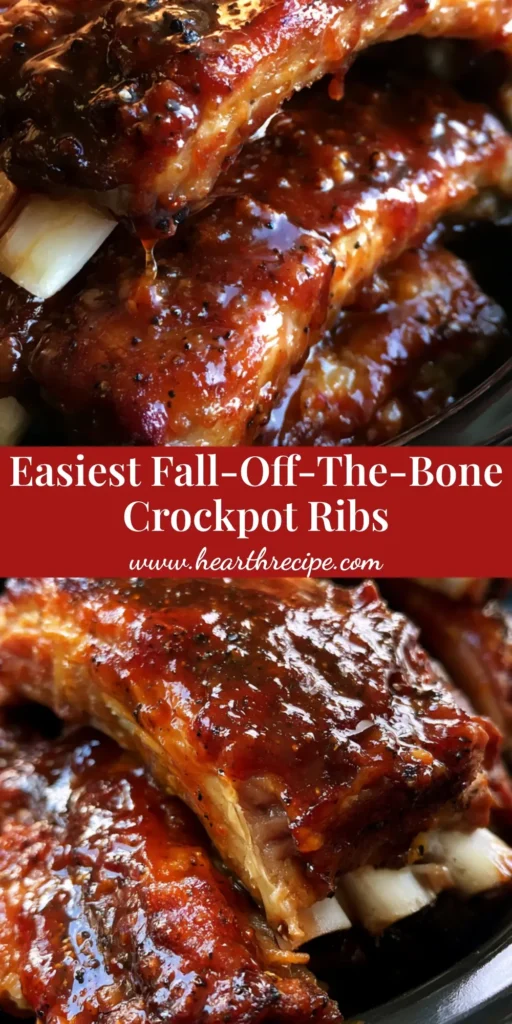 Close-up of Crockpot BBQ Ribs stacked in a black ceramic insert with a shimmering dark reddish-brown glaze and cracked black pepper.