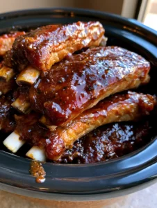 Overhead shot of tender Crockpot BBQ Ribs pulling away from the bone, showcasing the thick sauce with micro-bubbles.