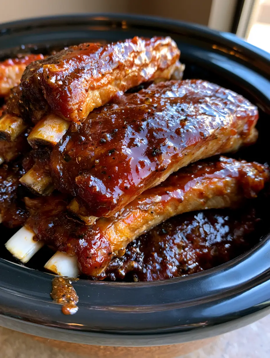 Overhead shot of tender Crockpot BBQ Ribs pulling away from the bone, showcasing the thick sauce with micro-bubbles.