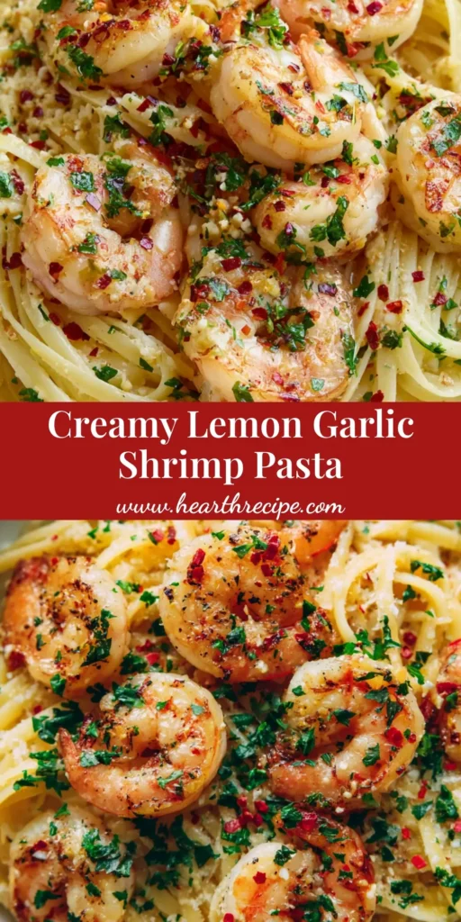 Lemon Garlic Shrimp Pasta: The Ultimate 20-Minute Restaurant Quality Dinner 4 A vertical shot of Lemon Garlic Shrimp Pasta in a white bowl with charred pink shrimp and fresh parsley garnishes.