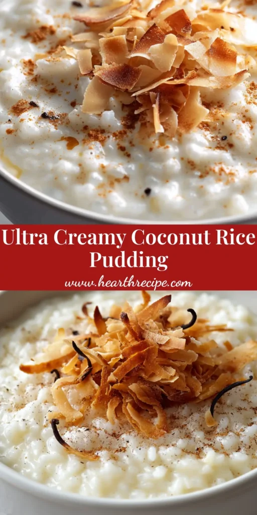 A vertical Pinterest pin showing a close-up of Coconut Rice Pudding in a white bowl topped with golden coconut chips and cinnamon.
