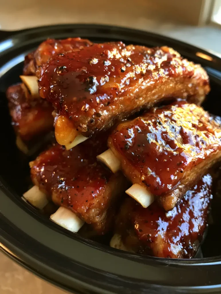 Succulent pork baby back ribs in a black slow cooker insert with glistening sauce and black pepper flecks.