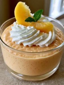 Overhead view of several clear glass cups filled with aerated peach mousse and fresh peach slices. (Peach Mousse Recipe)