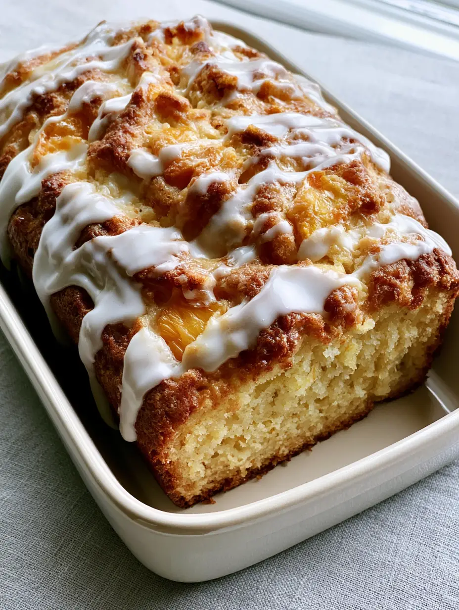 A handheld smartphone photo showing a fresh Southern Peach Bread in a stoneware dish with visible peach chunks and a zigzag glaze.