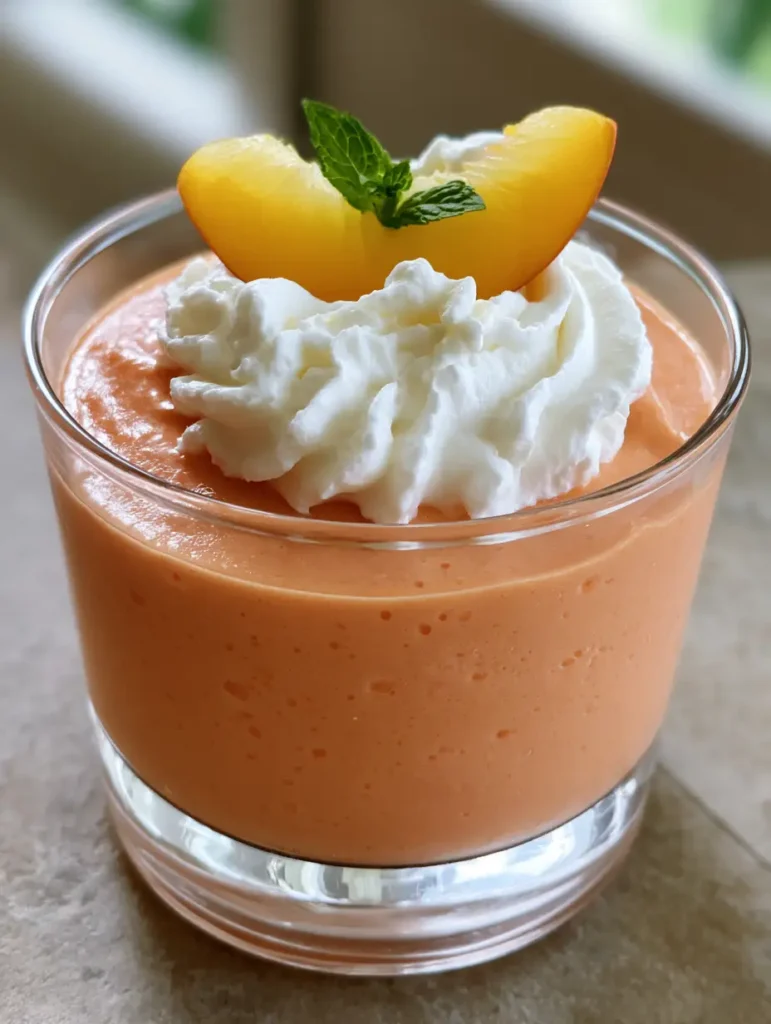 A side view showing the smooth, velvety texture and tiny air bubbles inside the peach mousse cup.