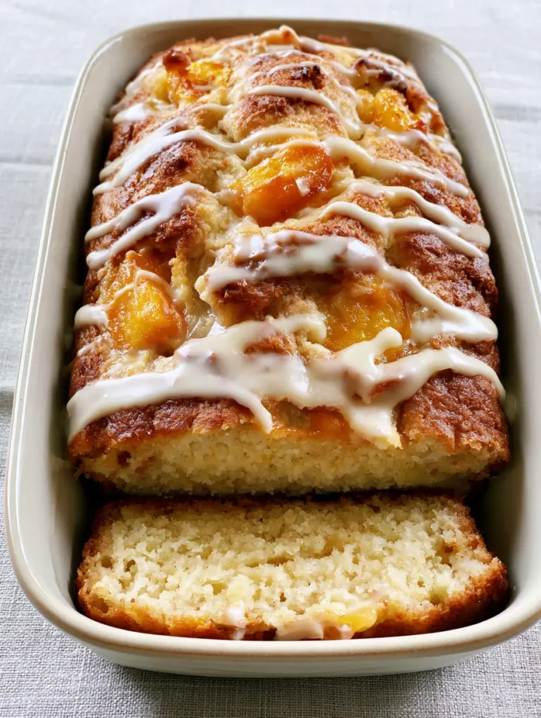 The sliced end of a Southern Peach Bread revealing a moist, pale yellow dense crumb and softened orange peach chunks.