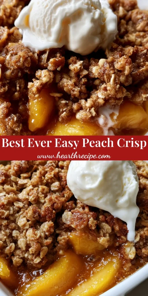 Peach Crisp Recipe with Bubbling Amber Syrup and Toasted Oat Crumble 3 A rustic white ceramic baking dish filled with Peach Crisp Recipe featuring bubbling syrup and a melting scoop of vanilla ice cream.