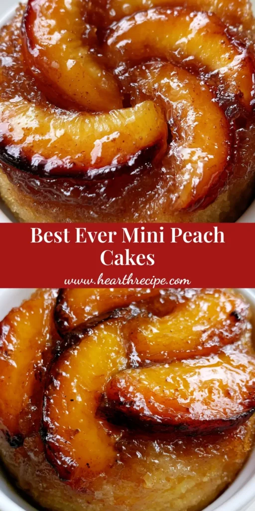A close-up shot of an individual Mini Peach Upside-Down Cake in a white ceramic ramekin, showing caramelized peaches in a fan pattern with a glossy glaze.