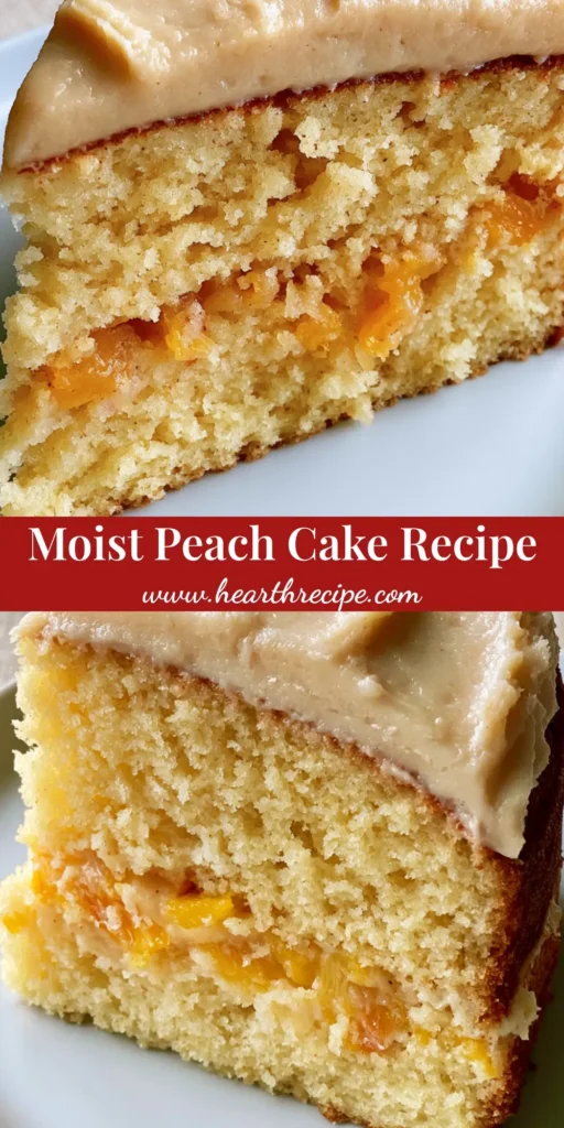 Peach Cake Recipe: A Golden Sponge with Velvet Brown Sugar Frosting 4 A close-up vertical shot of a moist slice of peach cake with thick beige frosting on a white plate, optimized for Pinterest. (Peach Cake Recipe)