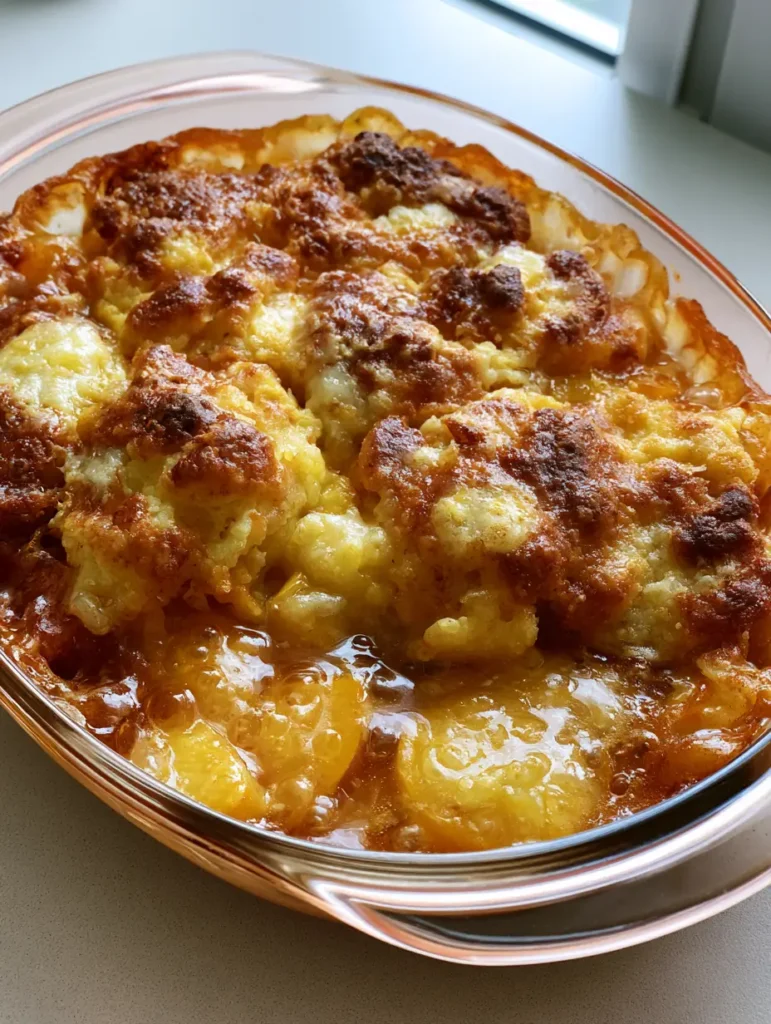 Peach Cobbler with Cake Mix: The Ultimate Easy 3-Ingredient Dessert 2 A vintage Fire King dish filled with Peach Cobbler with Cake Mix showing a rustic, deep golden-brown crust.