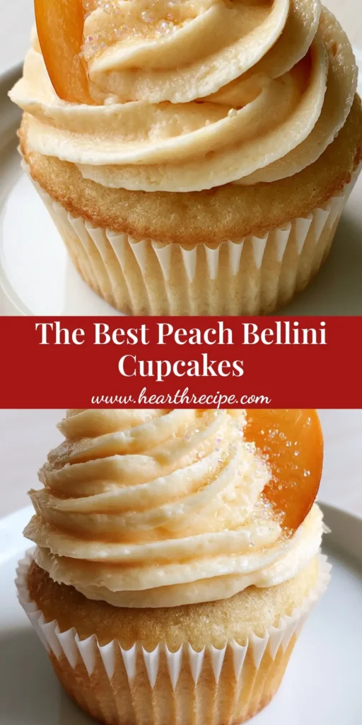 Peach Bellini Cupcakes with Sparkling Prosecco Buttercream 4 A single Peach Bellini cupcake with tall peach frosting, a fresh peach slice, and iridescent sugar on a white plate. (Peach Bellini Cupcakes)