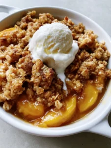 Close-up of bubbling amber peach syrup and toasted oat clusters in a Peach Crisp Recipe.