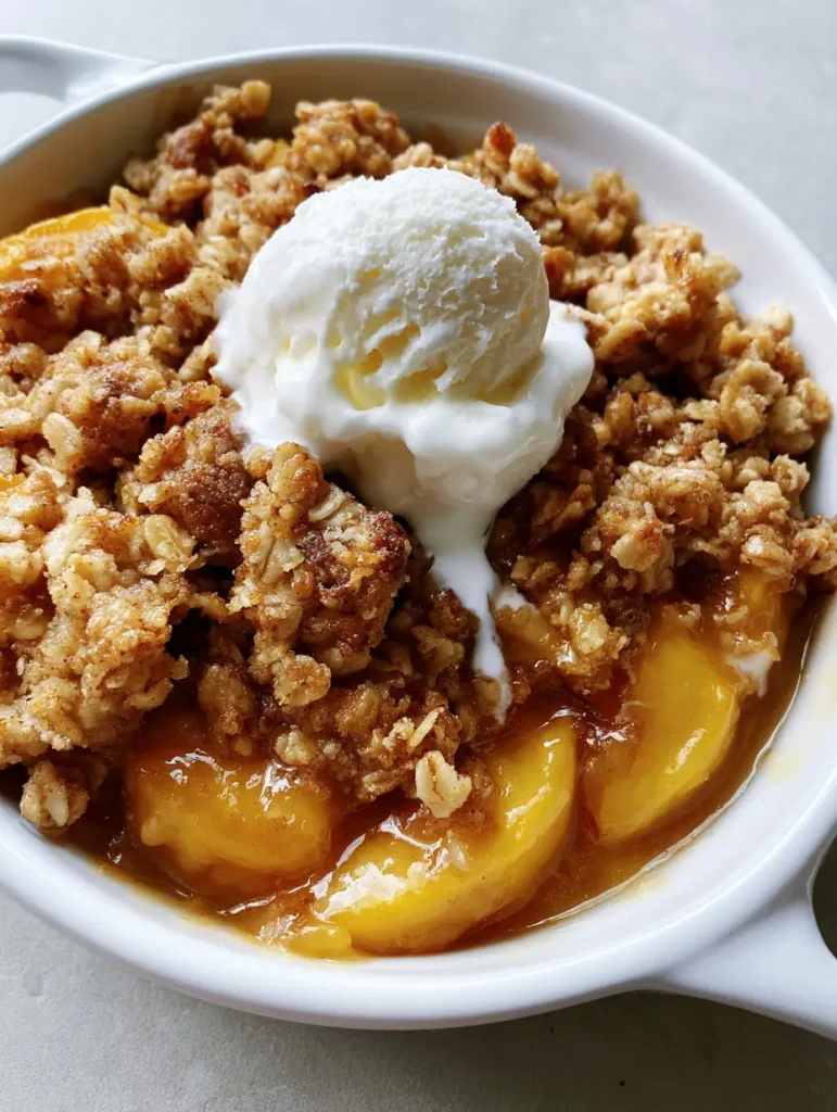 Close-up of bubbling amber peach syrup and toasted oat clusters in a Peach Crisp Recipe.