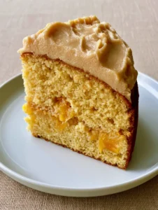 A close-up shot of a single slice of moist peach cake served on a matte white plate with translucent peach pieces visible. (Peach Cake Recipe)