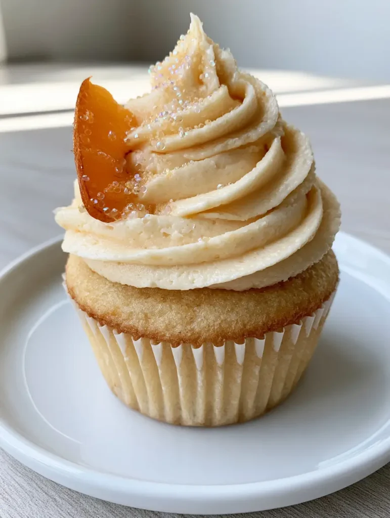 A handheld smartphone photo showing a moist golden-brown Peach Bellini cupcake in a white liner with thick peach-tinted buttercream. (Peach Bellini Cupcakes)