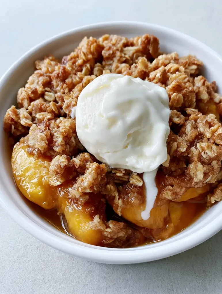 Peach Crisp Recipe with Bubbling Amber Syrup and Toasted Oat Crumble 1 A handheld photo of a fresh Peach Crisp Recipe with melting vanilla ice cream dripping down the side.