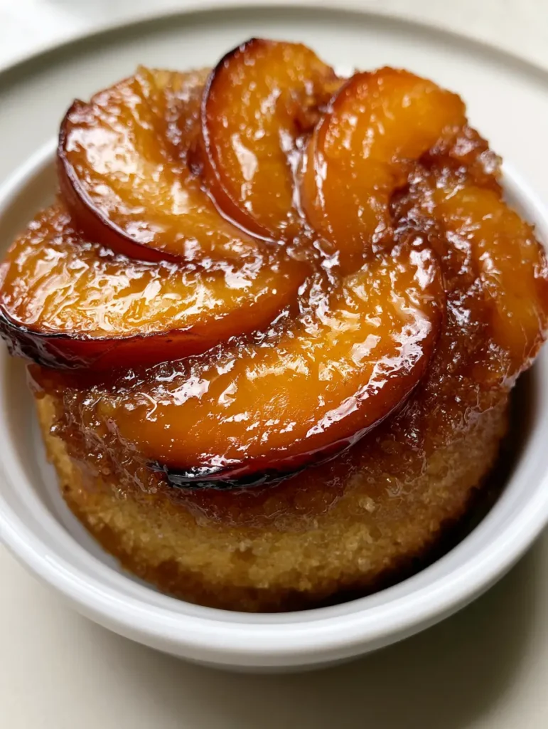 Top-down view of a Mini Peach Upside-Down Cake showing the translucent brown sugar glaze and crescent-shaped fruit fan.