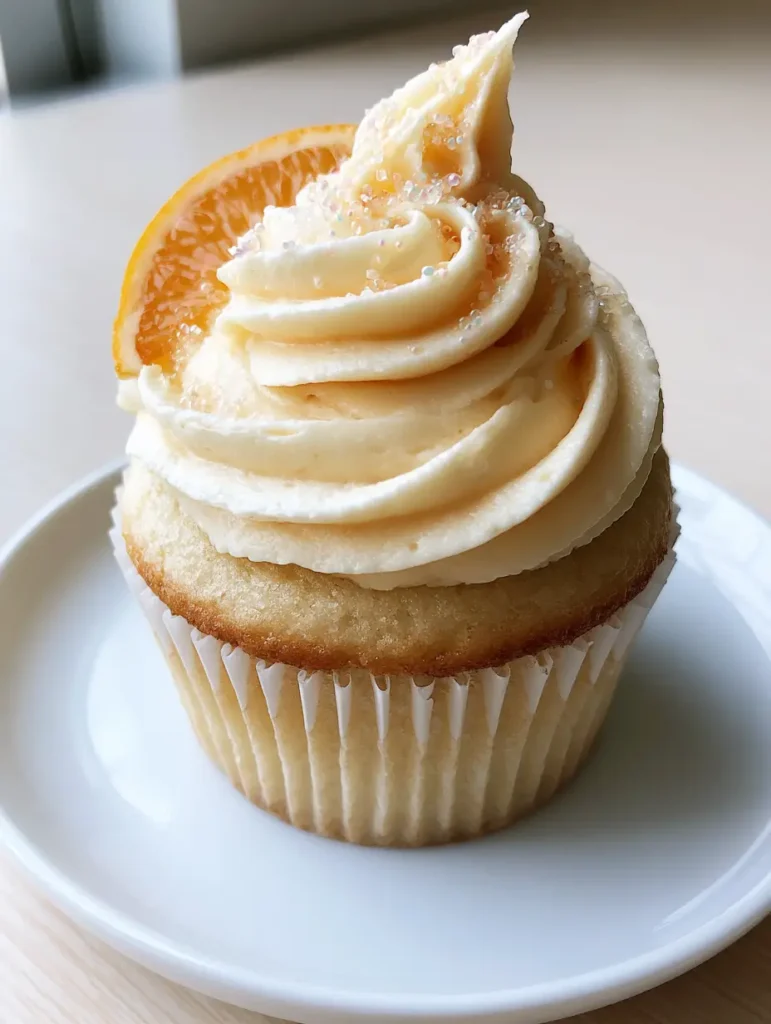 Peach Bellini Cupcakes with Sparkling Prosecco Buttercream 1 Close up of the tall peach buttercream swirl garnished with a fresh orange peach slice and iridescent sugar crystals. (Peach Bellini Cupcakes)