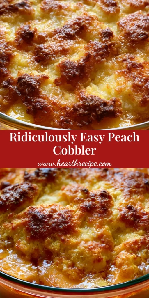 Peach Cobbler with Cake Mix: The Ultimate Golden-Brown Dump Cake 4 A close-up handheld photo of a golden-brown Peach Cobbler with Cake Mix in a white dish, topped with melting vanilla bean ice cream.
