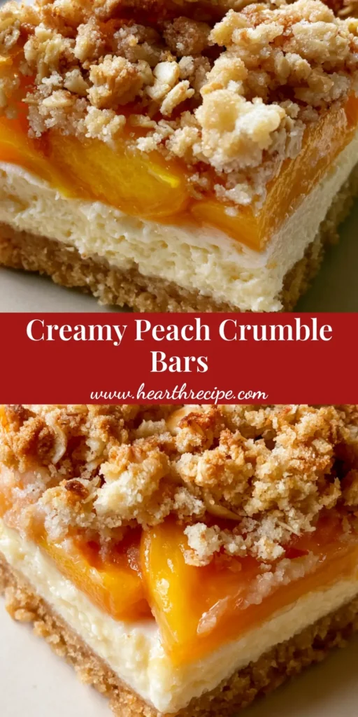 Peach Crumble Bars: The Ultimate Layered Summer Cheesecake Dessert 4 A close-up, top-down view of a single rectangular Peach Crumble Bar on a white plate, showing the thick shortbread base, ivory cheesecake, orange peaches, and oat crumble topping.